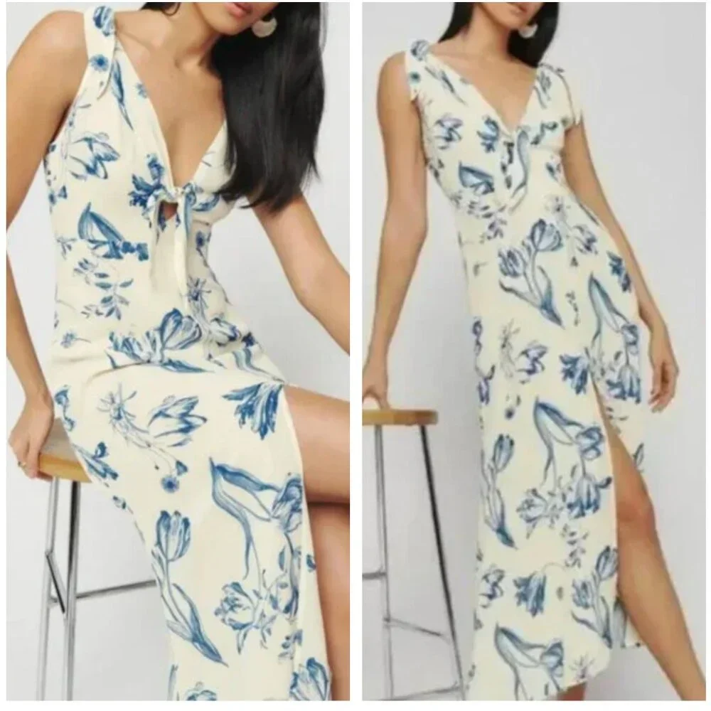 NWT Reformation Harper Midi Floral Dress Sz0/10 Lisse Blue Floral
